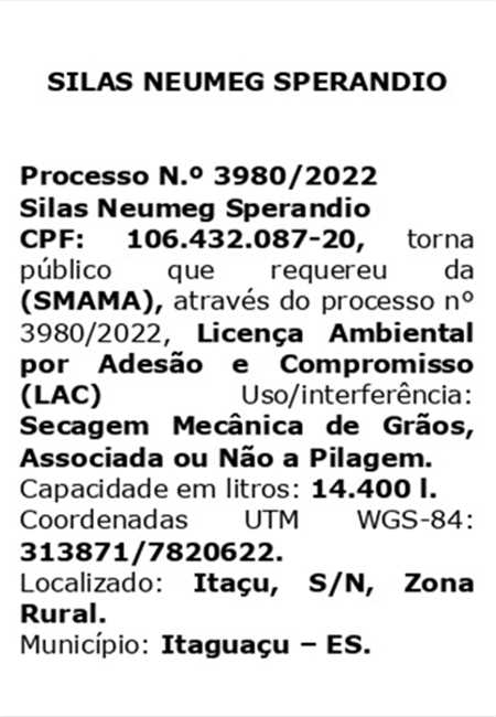 LICENÇA AMBIENTAL REQUERIDA - SILAS NEUMEG SPERANDIO